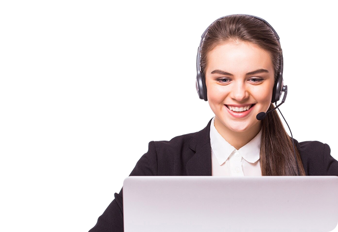 Smiling woman wearing headset looking at laptop for customer support