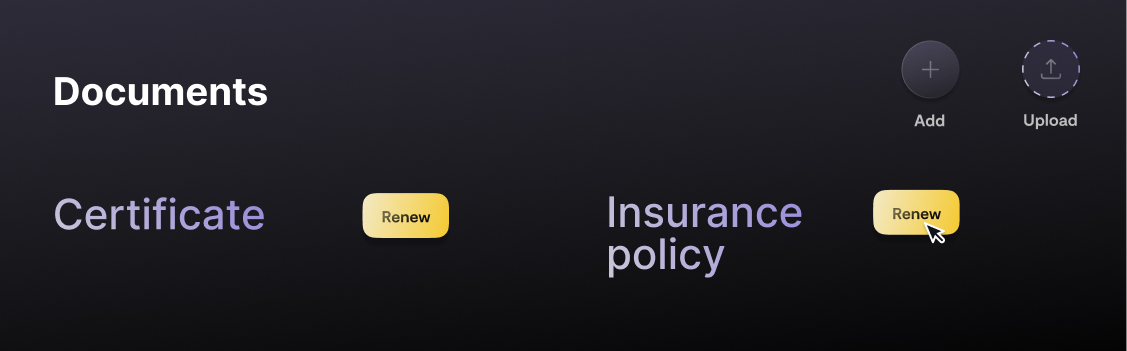 Document management interface with certificate and insurance policy renewal options